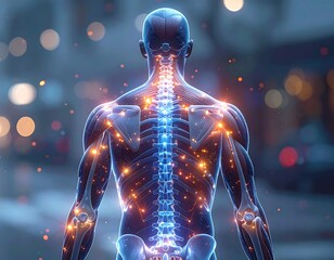 Posterior view of a digital rendering of the human musculoskeletal system with glowing highlights