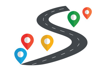 Winding Road with Location Markers in Different Colors Navigation and Journey Concept Illustration