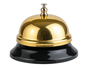 A shiny golden bell atop a black base, isolated against a transparent background