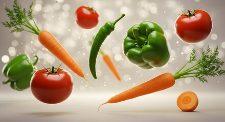 Fresh, Vibrant Vegetables Levitating: Carrots, Tomatoes, Peppers, Chili with Bokeh