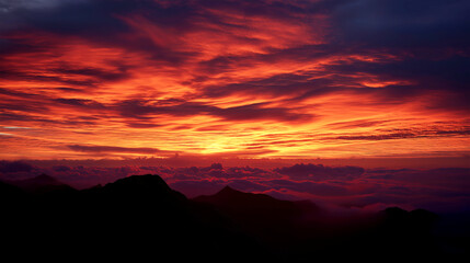 Dramatic Sunset Over Mountain Silhouette and Clouds
