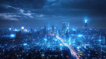 Obraz premium Futuristic cityscape glows with vibrant blue lights under a dramatic sky at night