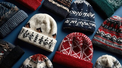 Warm woolen winter hats resting on blue background