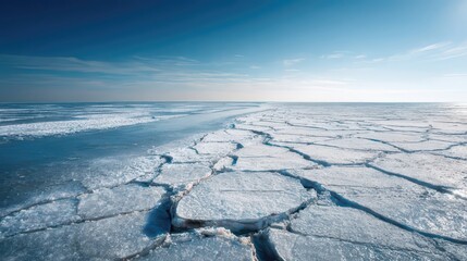 Frozen sea with cracked ice floes forming geometric shapes under blue sky