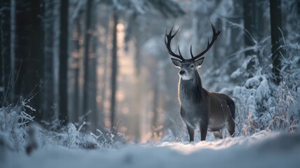 Majestic Red Deer Buck Standing in Snowy Winter Forest at Sunset