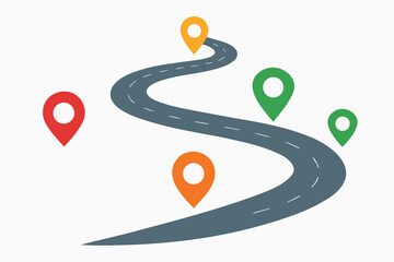 Winding Road with Location Markers in Red, Orange, Yellow, and Green Against White Background