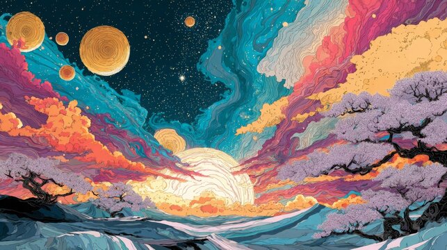 A vibrant, artistic landscape with a cosmic sky (stars, planets), colorful clouds, flowering trees, and rolling terrain in a dreamy, surreal style.