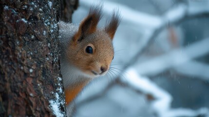 Curious squirrel peeking from behind tree trunk in snowy forest