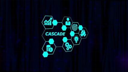 Cyan Hexagonal Infographic Network with Cascade Text and Business Icons on Dark Background image photo