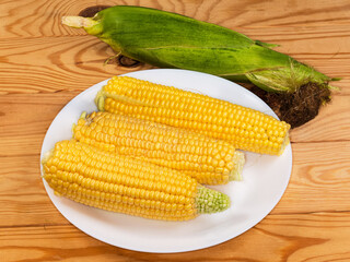 Peeled raw sweet corn ears on dish and unpeeled ear