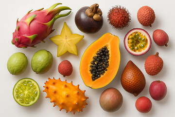 Colorful Display of Tropical Fruits Such as Dragon Fruit Rambutan Lychee Starfruit Papaya and Kiwano Highlighting Diversity and Freshness