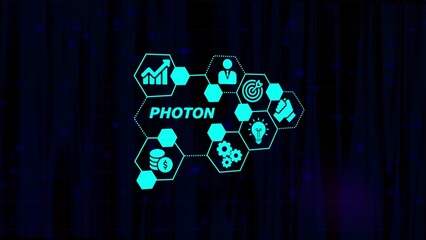 Cyan Hexagonal Network of Business Icons and the Word Photon on a Dark Textured Background technology