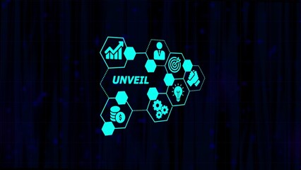 Cyan Hexagonal Network of Business Icons and the Word Unveil on a Dark Textured Background technology