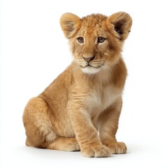 Obraz premium A curious lion cub sitting and looking adorable. The young lion has a warm coat with gentle eyes