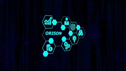 Digital Hexagonal Network with Icons and the Word ORISON on a Dark Blue Textured Background Keywords: ORISON, network, hexagonal, icons, technology, digital, connection, data