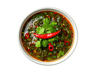 Overhead shot of a bowl filled with a vibrant green sauce, chili and herbs