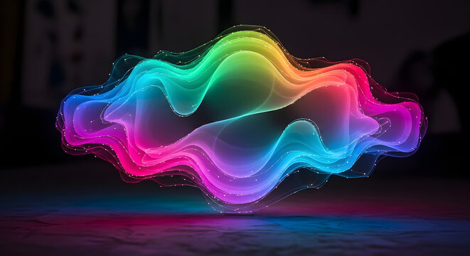 A vibrant and abstract digital cloud of glowing neon energy floating above a reflective surface in a futuristic display