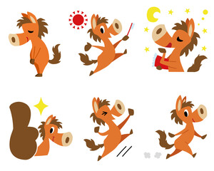 手描きのゆるい馬キャラクターセット　(お辞儀、いいね、おはよう、おやすみ、ガッツポーズ)
