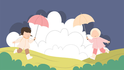 Hand drawn illustration during the monsoon season with two girls wearing a raincoat and holding umbrella
