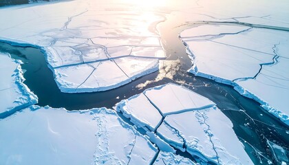 Aerial drone view of a vast frozen sea breaking apart, revealing the dark water beneath the cracked ice, a powerful visual of climate change's impact on the planet