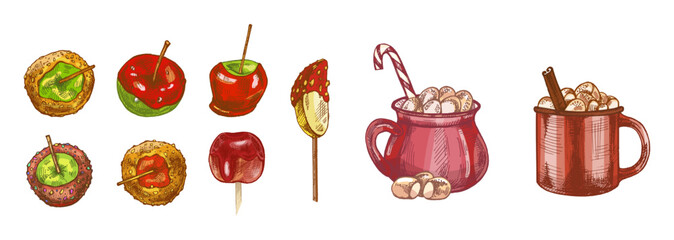 Hand drawn vintage sketch of candy apples, chocolate banana and cocoa mugs in festive colored version set