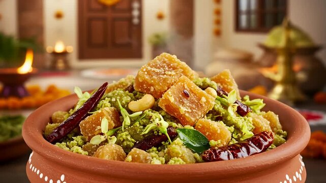 Ugadi Pachadi in a clay pot for the Indian holiday with traditional Diwali decorations, footage
