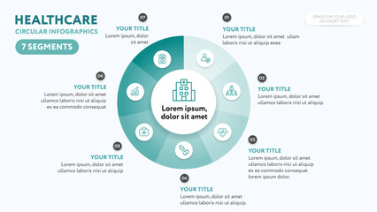 Medical circular infographics template - 7 segment diagram illustration for business presentation slide with flat icons and teal green color