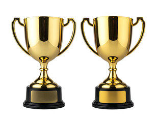 Two shiny, gold-colored trophies with black bases, displayed on a black background