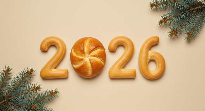 Baked numbers forming 2026, with a bread roll as the zero, and fir tree branches. New Year and Christmas winter season concept.