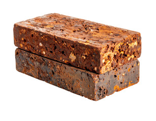 Weathered, rustic red-brown brick atop its mirrored reflection, black backdrop