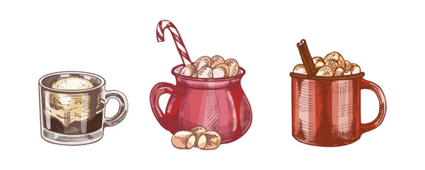 Hand drawn vintage sketch of affogato coffee and hot cocoa with marshmallow in festive colored version