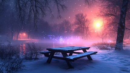 Snowy picnic table, lake, winter scene with colorful sky. Evening atmosphere