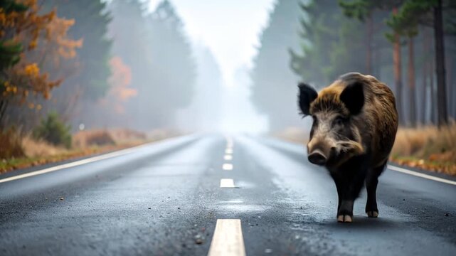 Wild boar on a misty road