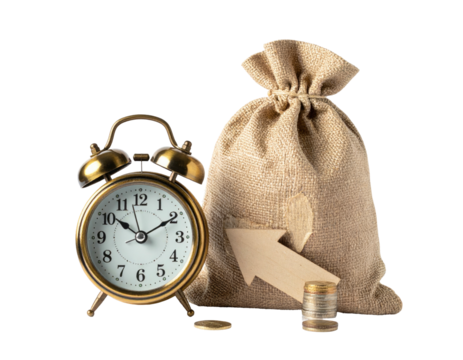 A vintage clock beside a burlap sack with an arrow pointing to a coin stack