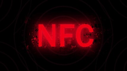 Animated NFC payment card emitting blue signal for secure digital transaction. Glowing NFC text animation on futuristic blue HUD for mobile payment - Powered by Adobe