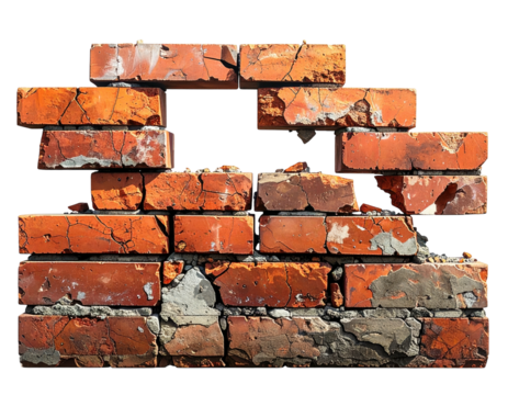 Partially destroyed brick wall, showing missing sections and weathered texture
