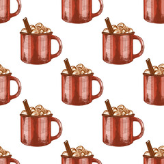 Hand drawn vintage seamless pattern of red mug with hot chocolate, marshmallows and cinnamon stick, color version, vector illustration