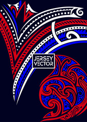 Vibrant Polynesian Jersey Design Tribal Art in Red, White, and Blue, Samoan Tribal Jersey Design, Polynesian style Jersey vector template, swirl jersey, Players uniform, club dress, playable jersey.
