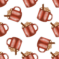 Hand drawn vintage seamless pattern of red mug with hot chocolate, marshmallows and cinnamon stick, color version, vector illustration
