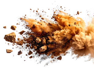 Dynamic dust explosion with rocks and particles against a black background