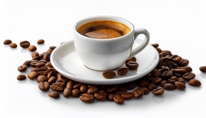 Fototapeta premium White Ceramic Coffee Cup Filled With Fresh Espresso Surrounded By Scattered Roasted Coffee Beans On White Saucer Isolated On Transparent Background