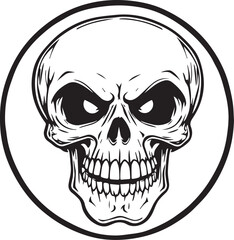 Fototapeta premium Skull icon in black silhouette with circular frame and graphic shading for gothic, danger, and rebellious design themes