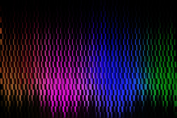Geometric abstract pattern with rainbow colors and a dark background, digital art with sharp edges
