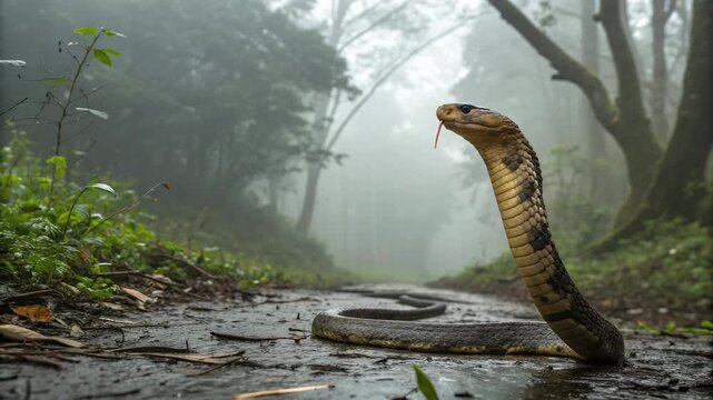 King Cobra snake raising its head on a muddy path in a dense, atmospheric, foggy tropical forest.