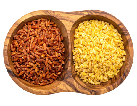 Two bowls, one with red grain, the other with yellow grain, in a wooden dish