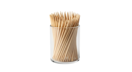 Toothpicks in clear glass holder cutout png isolated on a transparent background