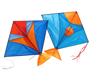 Two colorful, geometric kites with tails against a black background