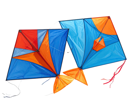 Two colorful, geometric kites with tails against a black background