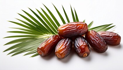 Obraz premium Fresh Dates With Palm Leaves On White Background