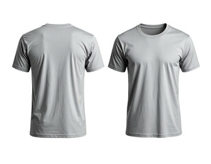 Front and back view of a blank, light gray, short-sleeved t-shirt on black